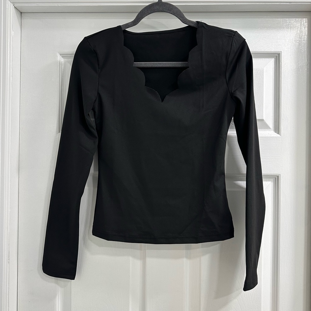 Black Scallop Neck Women's Top